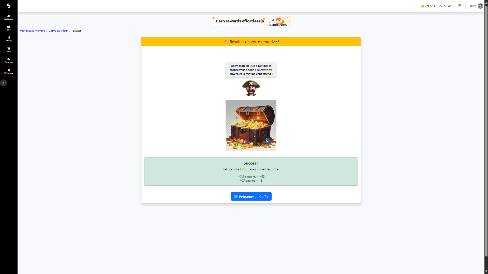 Capture d'écran du message de succès après avoir trouvé le code du Coffre au Trésor.