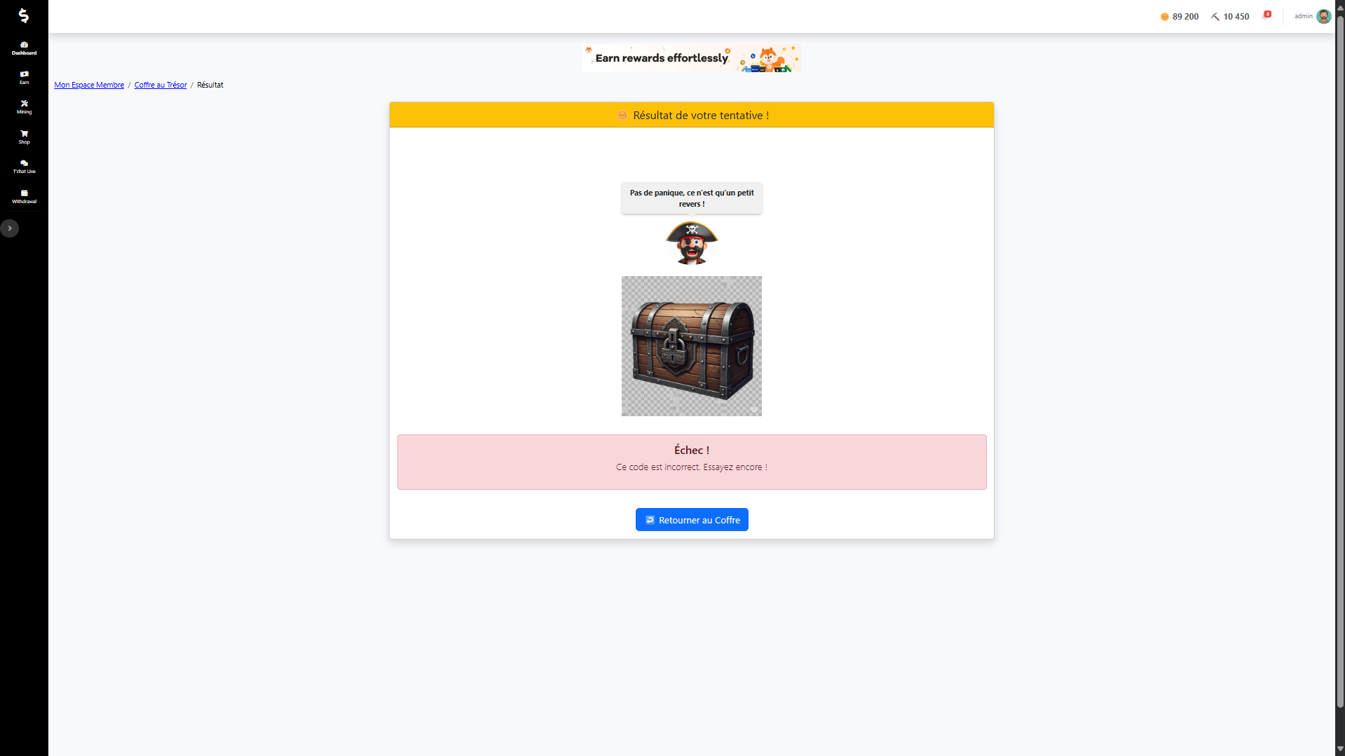 Capture d'écran du message d'échec après une tentative incorrecte au Coffre au Trésor.