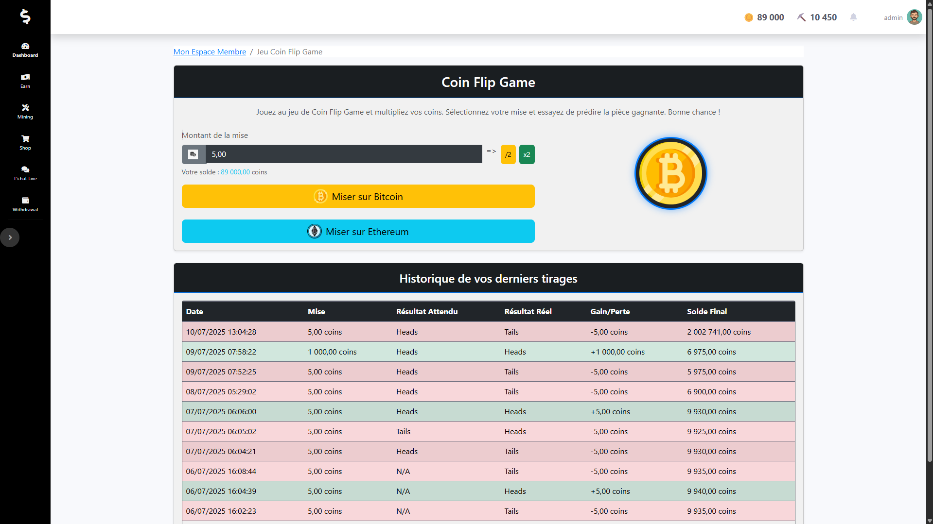 Capture d'écran du Coin Flip Game avec le choix de la mise et de la pièce sur Coins-Progress.com