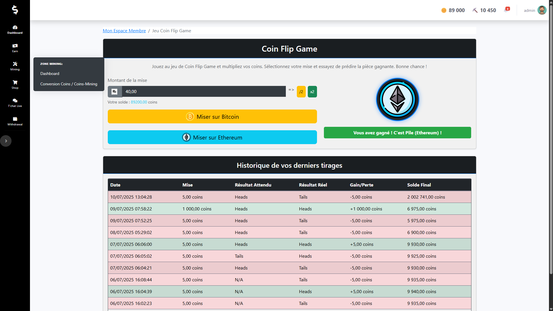 Capture d'écran du Coin Flip Game affichant une victoire sur Ethereum sur Coins-Progress.com