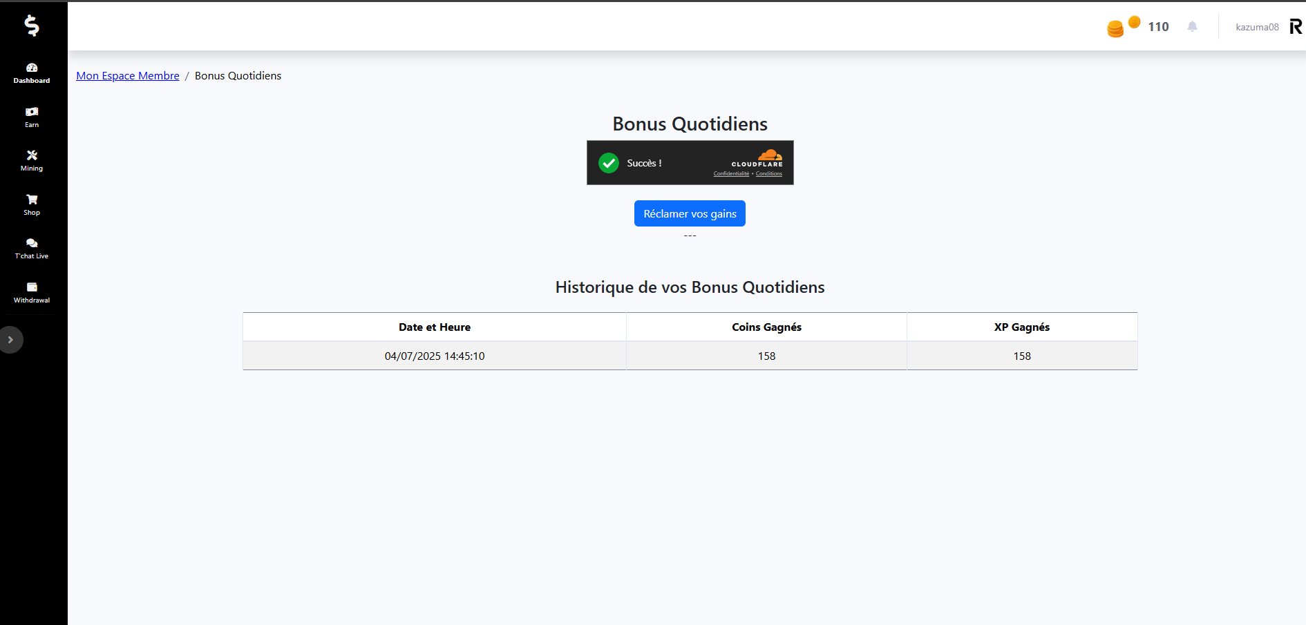 Capture d'écran du module Bonus Quotidien sur Coins-Progress.com