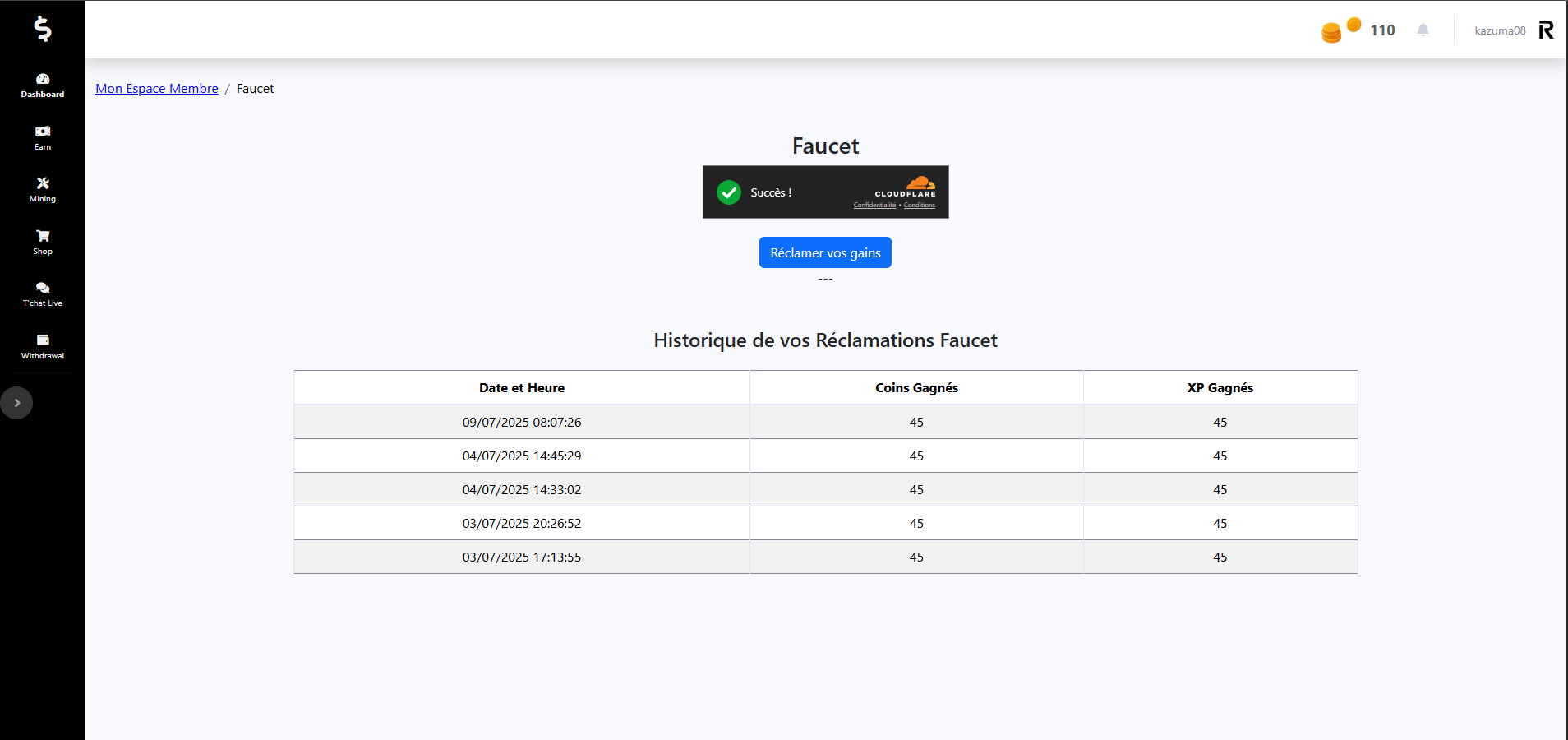 Capture d'écran du module Faucet sur Coins-Progress.com