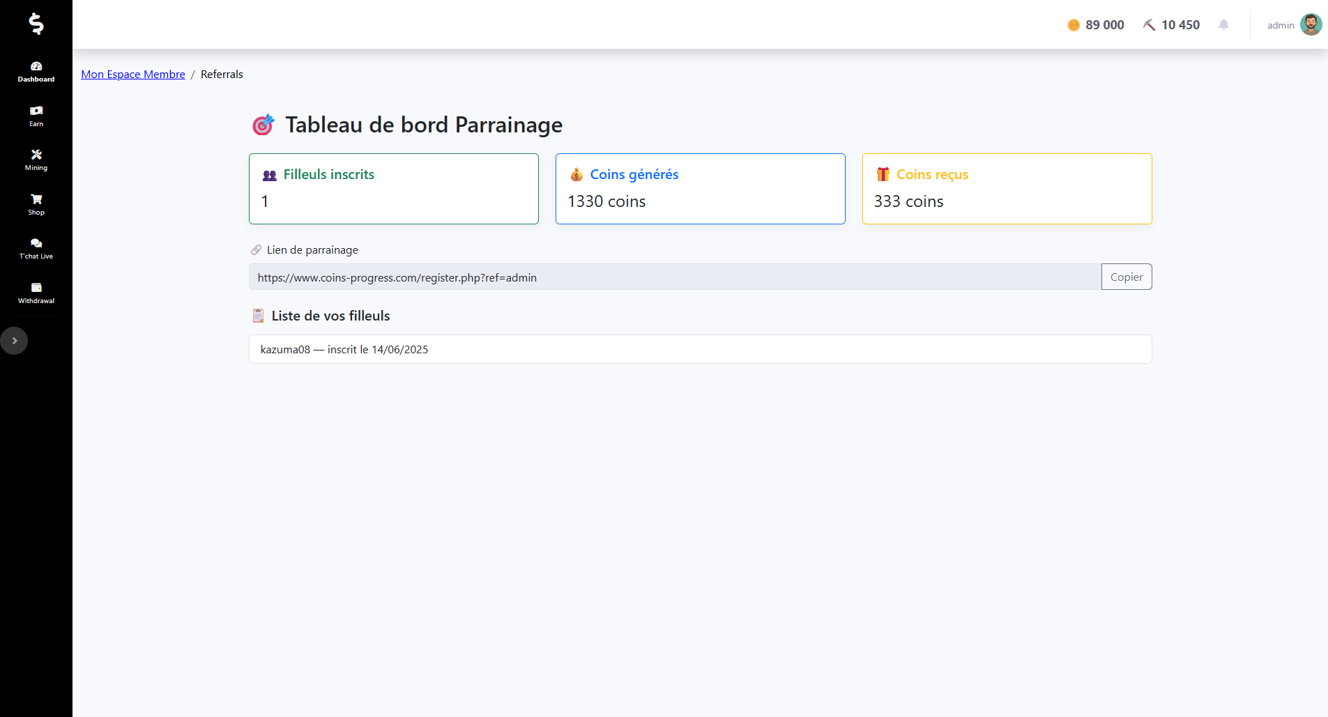 Capture d'écran du tableau de bord Parrainage avec des filleuls et des gains sur Coins-Progress.com