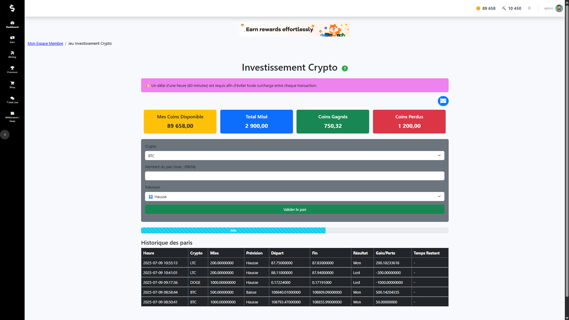 Capture d'écran de l'interface du module d'Investissement Crypto sur Coins-Progress.com