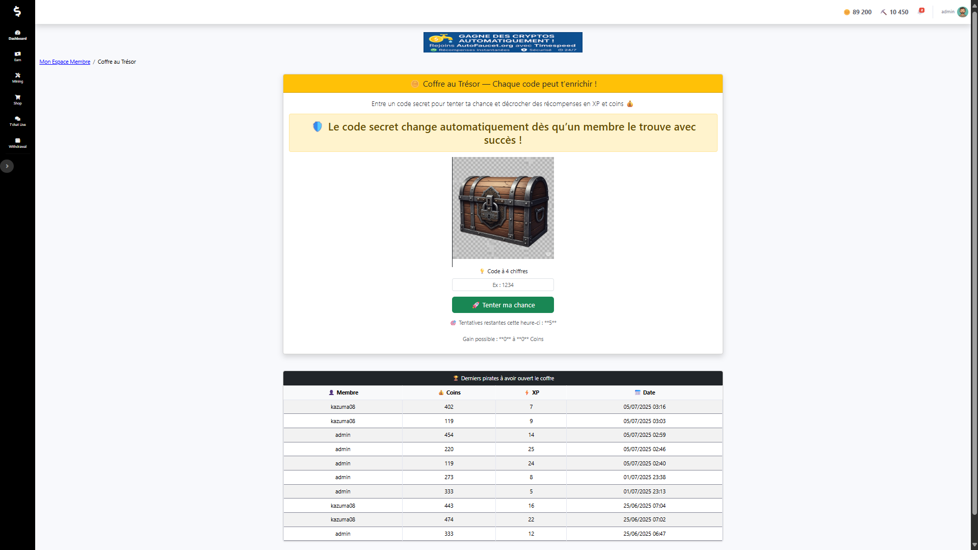 Capture d'écran de l'interface principale du Coffre au Trésor sur Coins-Progress.com, avec le champ de saisie du code et le tableau des gagnants.