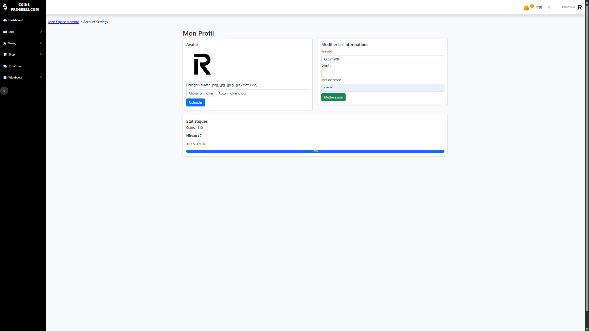 Capture d'écran de la gestion du profil utilisateur Coins-Progress