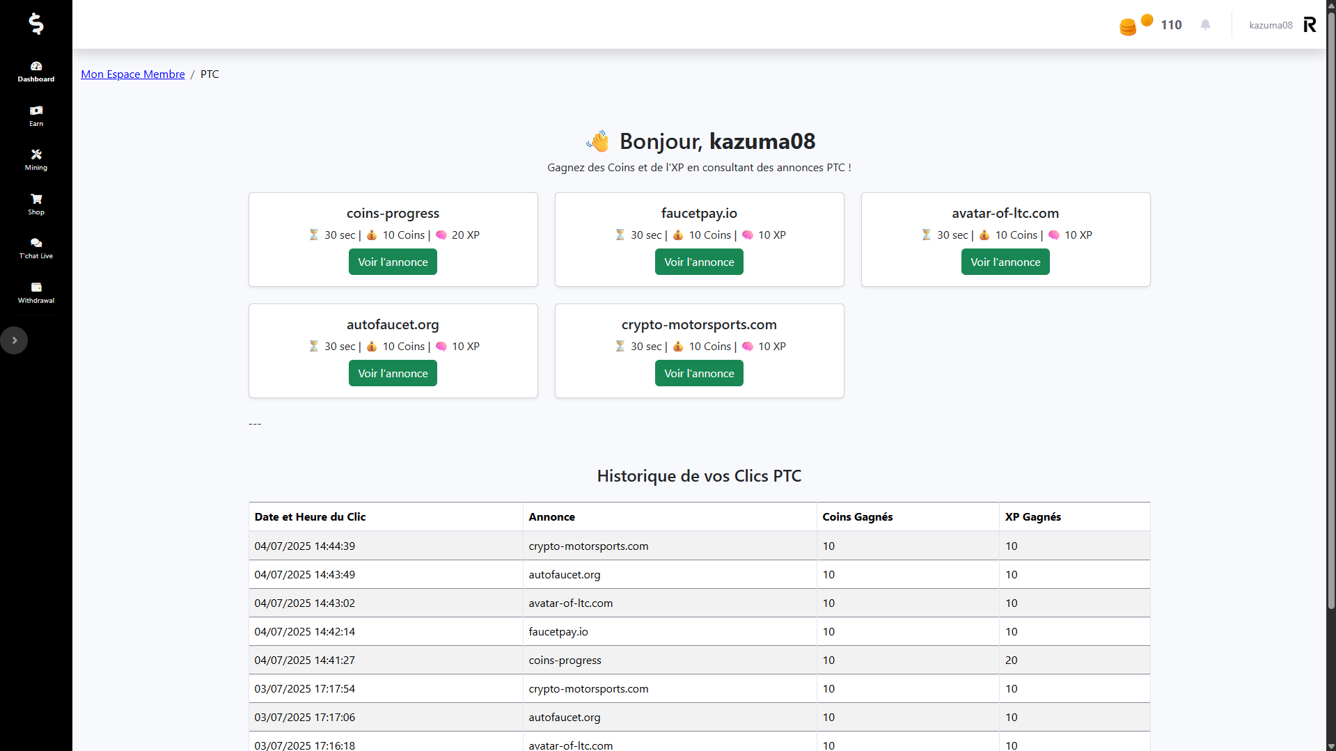 Capture d'écran de la liste des annonces PTC disponibles sur Coins-Progress.com