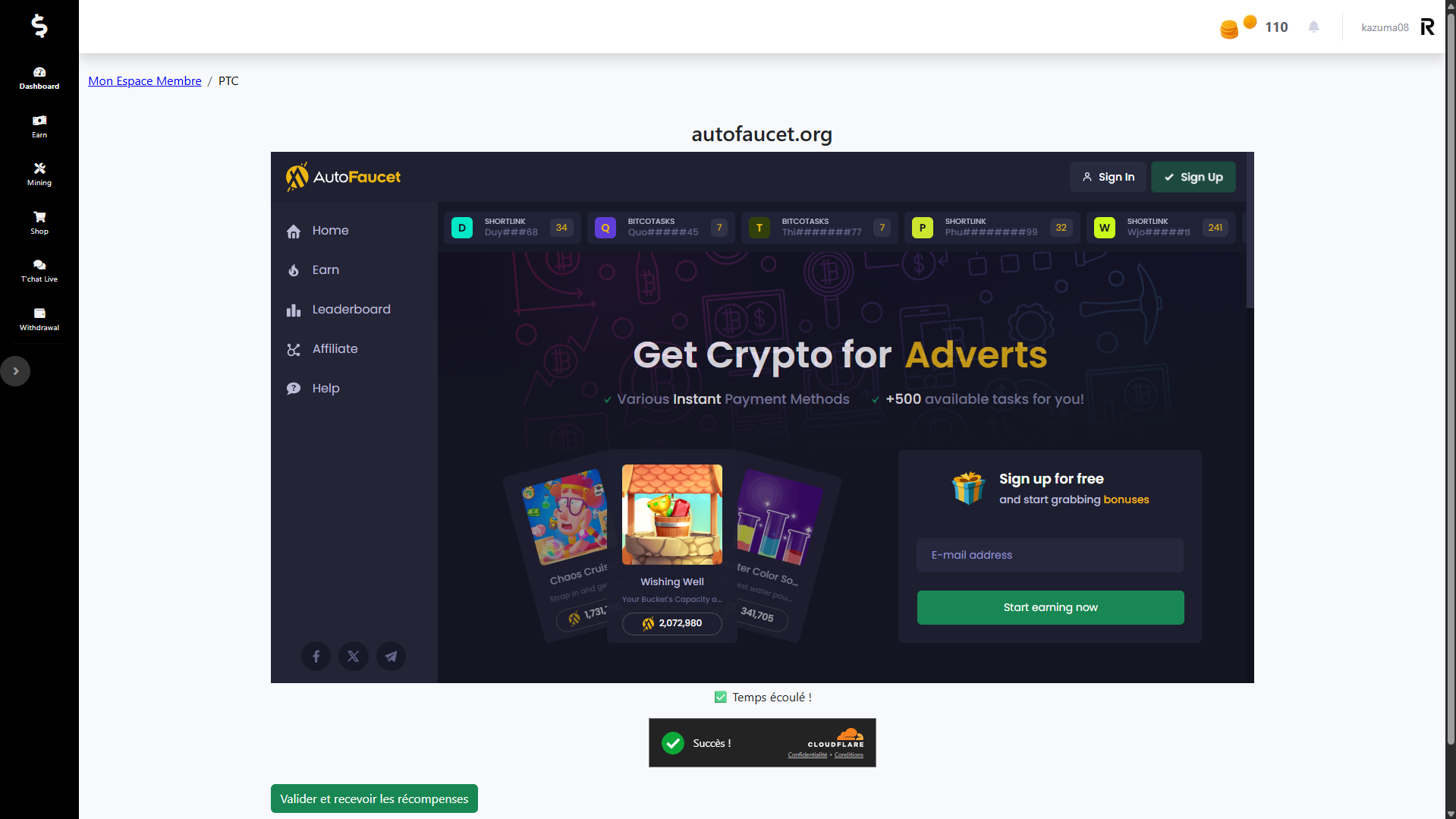 Capture d'écran du visionnage d'une annonce PTC avec minuteur sur Coins-Progress.com