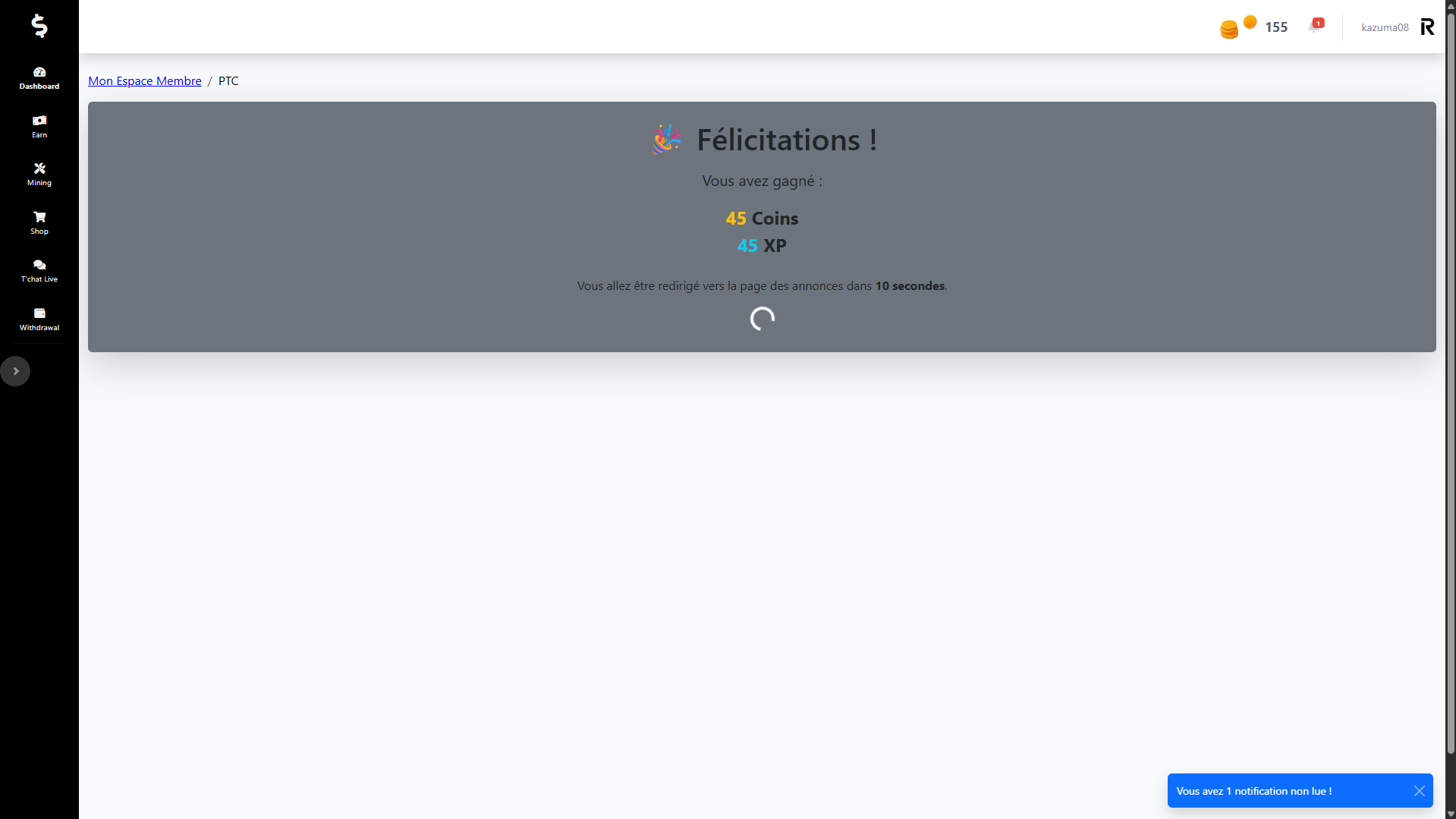 Capture d'écran de la page de confirmation des gains PTC sur Coins-Progress.com